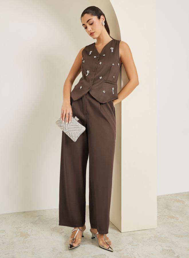 Styli Women Brown Embellished Sleeveless Waistcoat - Image 1